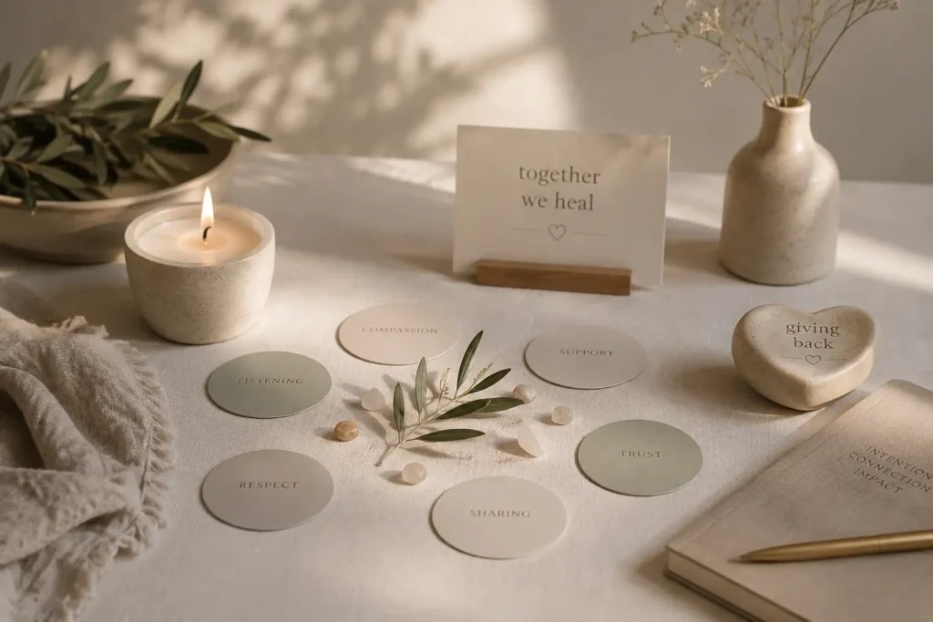 Calm setting symbolising online group therapy, shared support and charitable giving