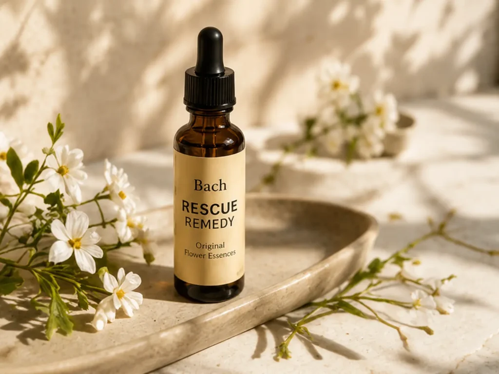 Rescue Remedy Bach σε γυάλινο φιαλίδιο με λευκά άνθη και φυσικό φως