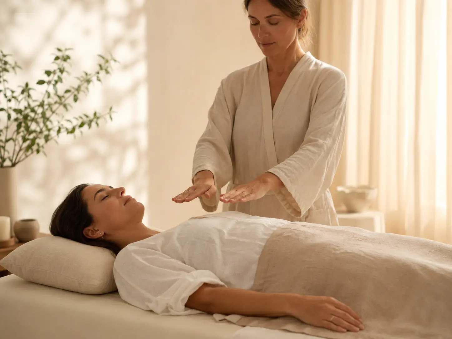 Γυναίκα σε συνεδρία Prana For Body χωρίς σωματική επαφή, για ενεργειακή υποστήριξη σε χρόνια κόπωση, σωματική αποφόρτιση και ισορροπία