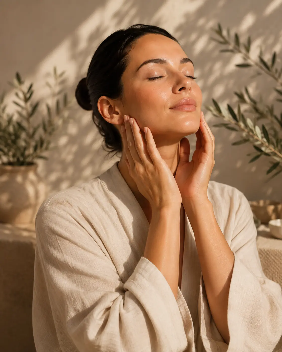 Γυναίκα με λαμπερό πρόσωπο σε συνεδρία Prana For Face για ενεργειακή θεραπεία, αναζωογόνηση δέρματος και φυσική λάμψη