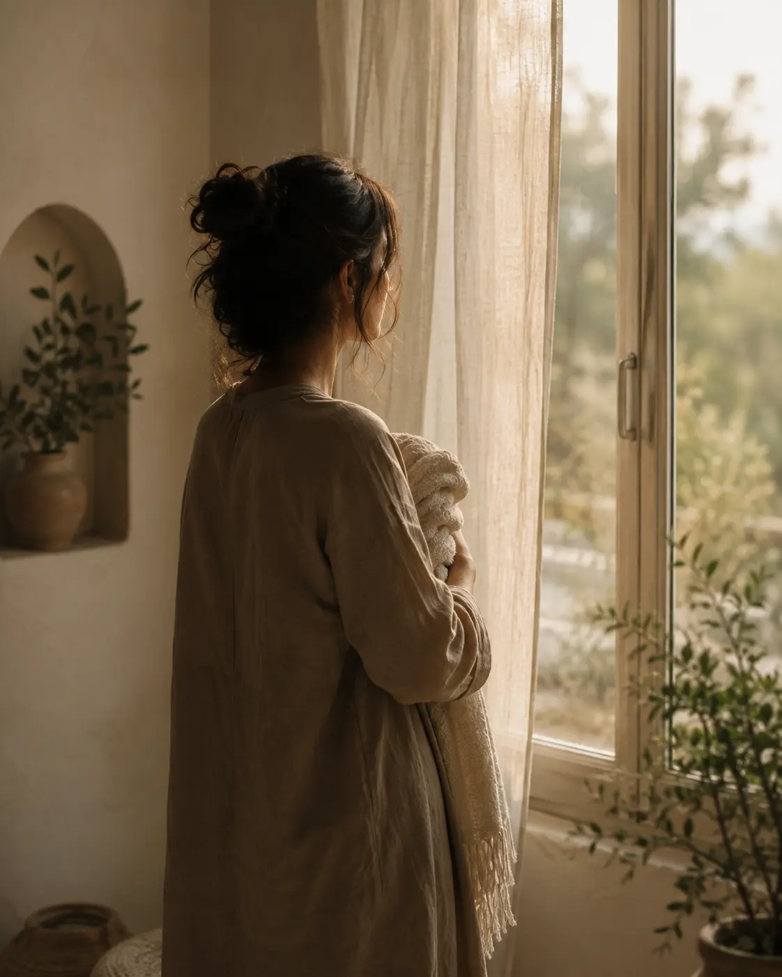 Γυναίκα δίπλα σε παράθυρο σε ήρεμη στιγμή, για την ενεργειακή θεραπεία Prana For Phobias και την υποστήριξη απέναντι σε φόβους και φοβίες
